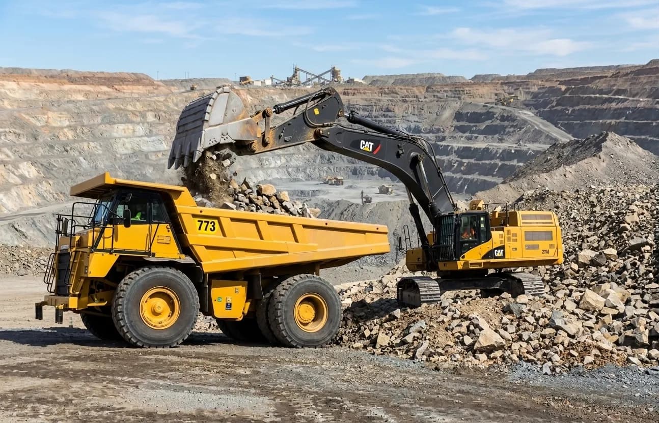 Quarry trucks loading extracted limestone at the working face