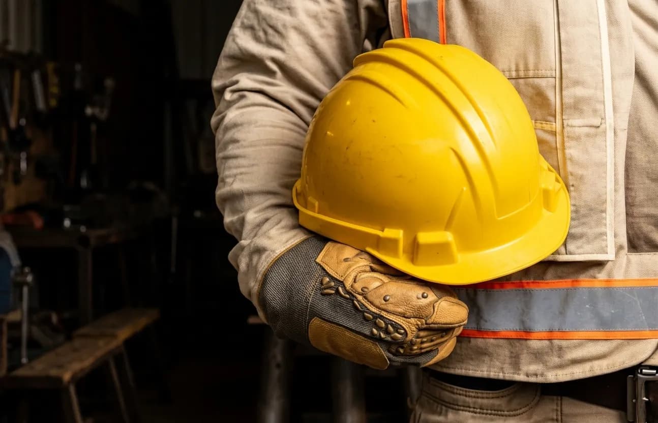 Quarry worker holding safety helmet and protective equipment
